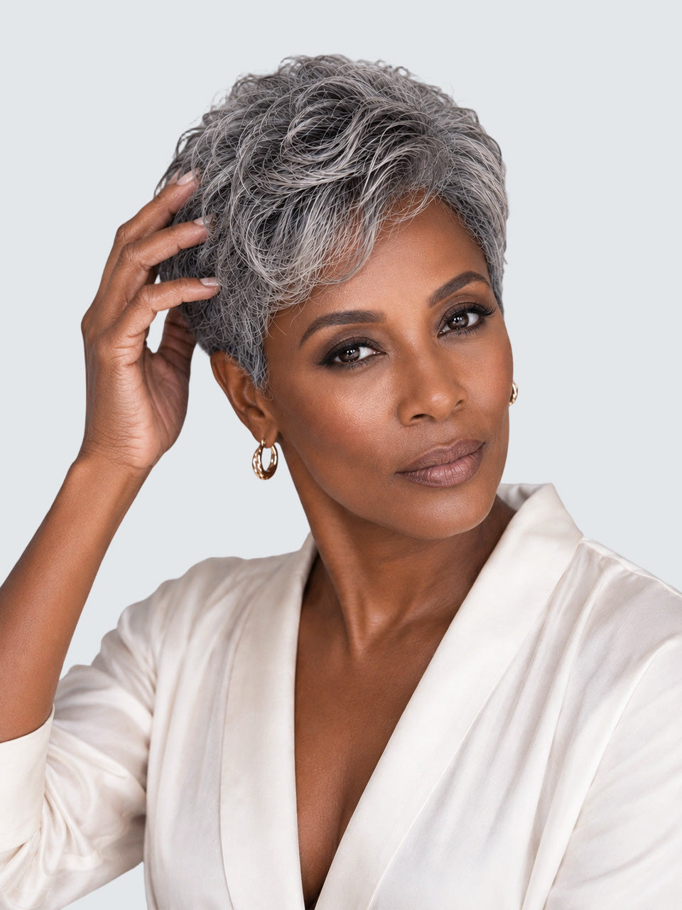 Loyalrose Salt & Pepper Elegant Pixie Short Cut Wig side part Lace Front 100% Human Hair Glueless style 3