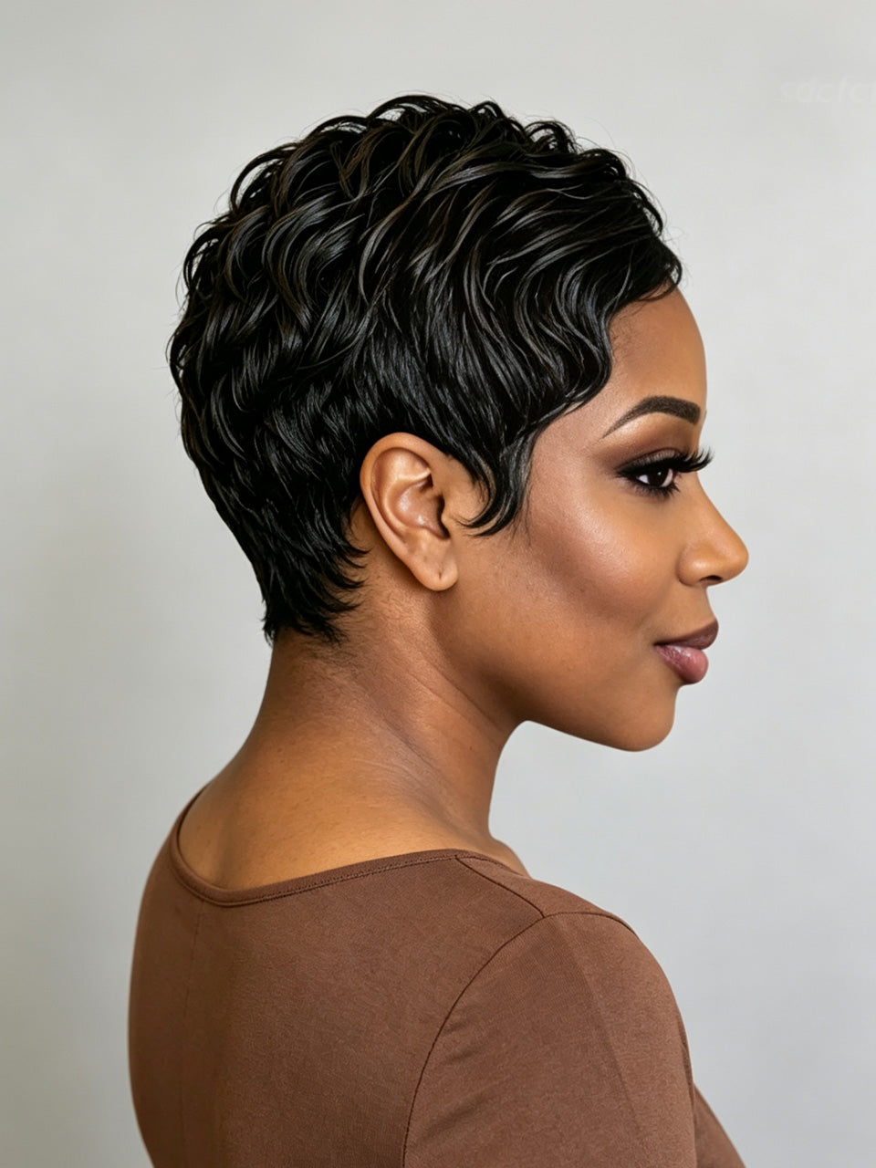 A woman shown in side profile wearing a short, curly black wig against a plain light gray background.