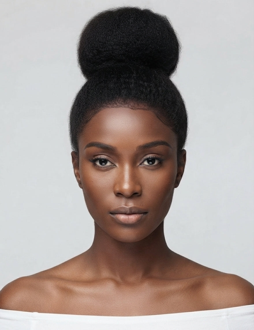 A woman with a high, voluminous black hair bun, wearing a white off-the-shoulder top against a light gray studio background.