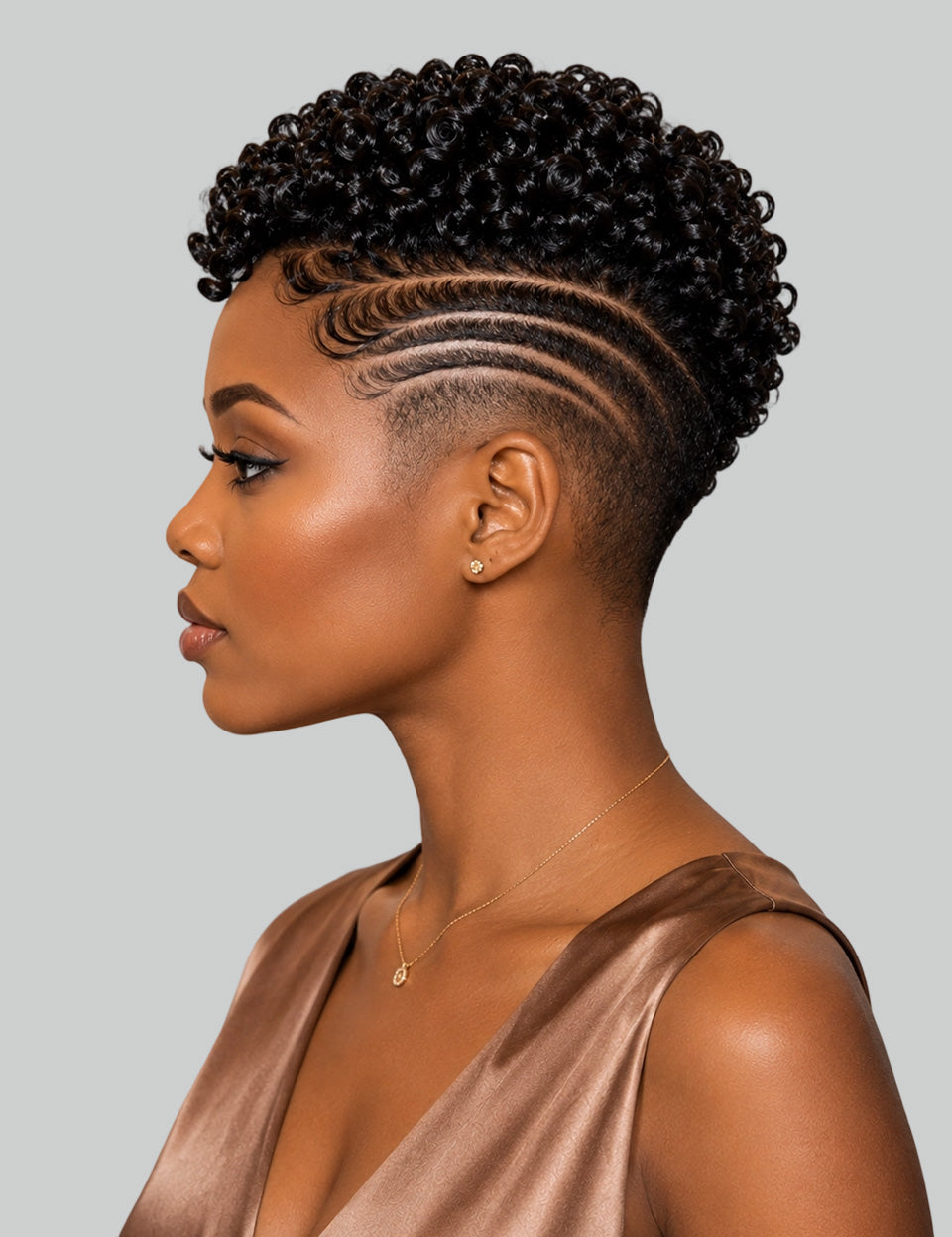 A woman in profile wearing a short, curly black wig with a geometric side-parted undercut hairstyle, styled with a gold necklace and earring against a solid gray background.