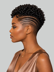 A woman in profile wearing a short, curly black wig with a geometric side-parted undercut hairstyle, styled with a gold necklace and earring against a solid gray background.
