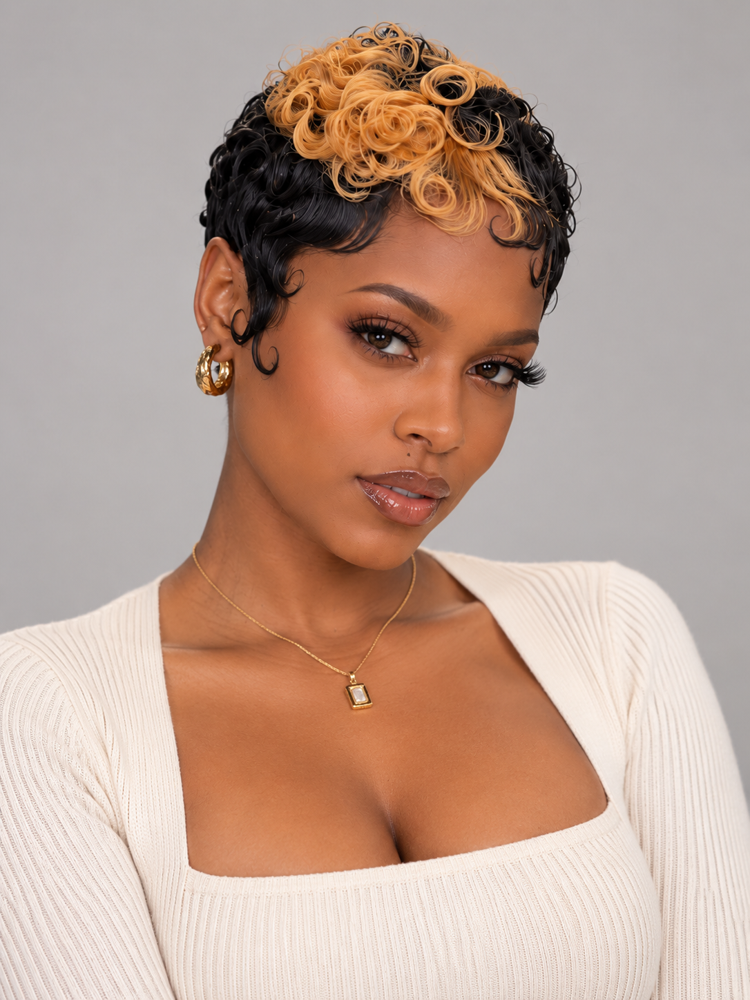Loyalrose Pixie wig Curly 6 inches Black mix blond 100% human hair Skunk stripe style Glueless with Full lace TWA with Fade and Hard Part style 29