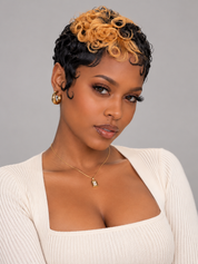 Loyalrose Pixie wig Curly 6 inches Black mix blond 100% human hair Skunk stripe style Glueless with Full lace TWA with Fade and Hard Part style 29