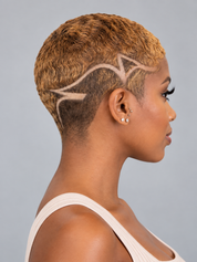 Side profile of a woman with a short textured crop haircut featuring a geometric shaved design on the side of her head, wearing a light beige ribbed tank top against a solid gray background.