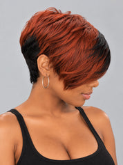 Loyalrose Pixie wig Straight 8 inches Black mix Orange 100% human hair Side part Glueless with 13*6 lace Asymmetrical TWA with Fade and Hard Part style