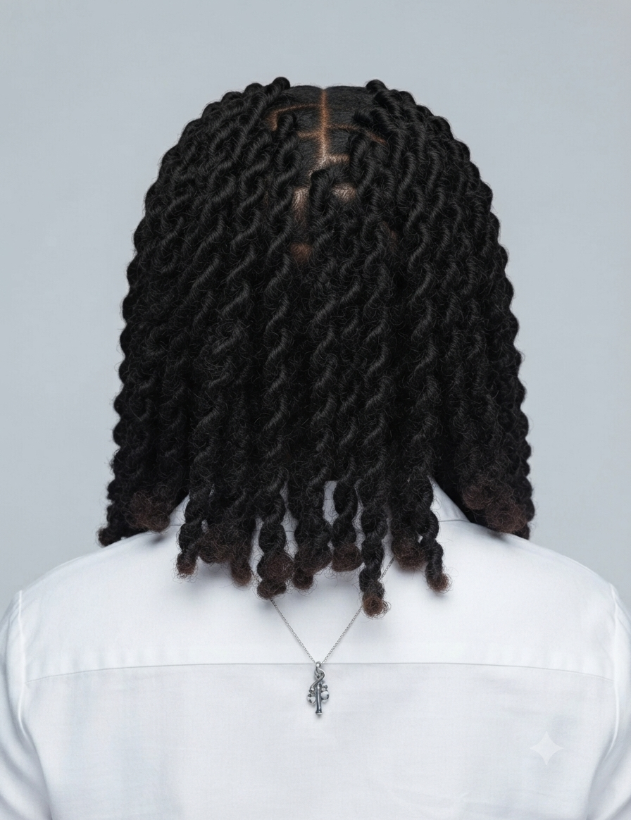 Back view of a person with long, dark brown to black coiled dreadlocks or twists, wearing a white shirt and a silver cross necklace against a light gray background.