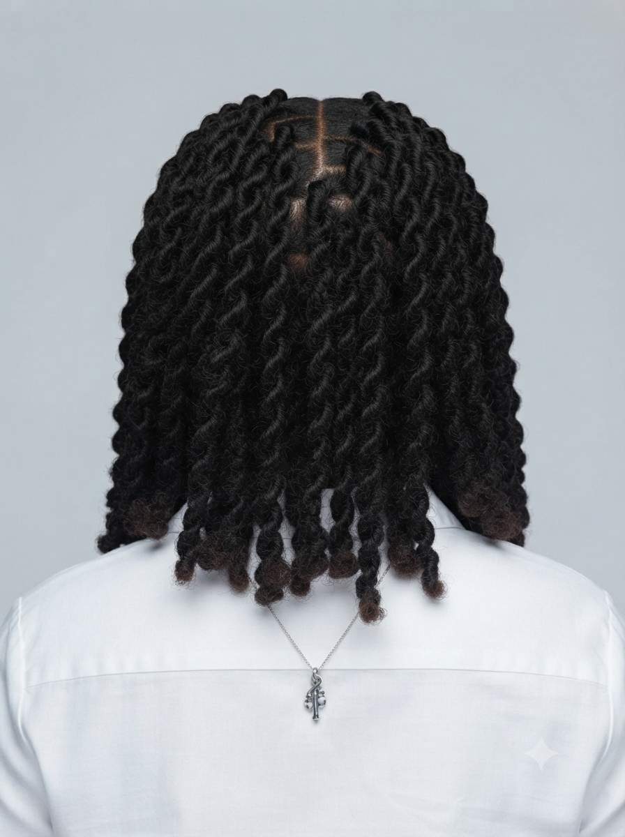 Back view of a person with long, dark brown to black coiled dreadlocks or twists, wearing a white shirt and a silver cross necklace against a light gray background.