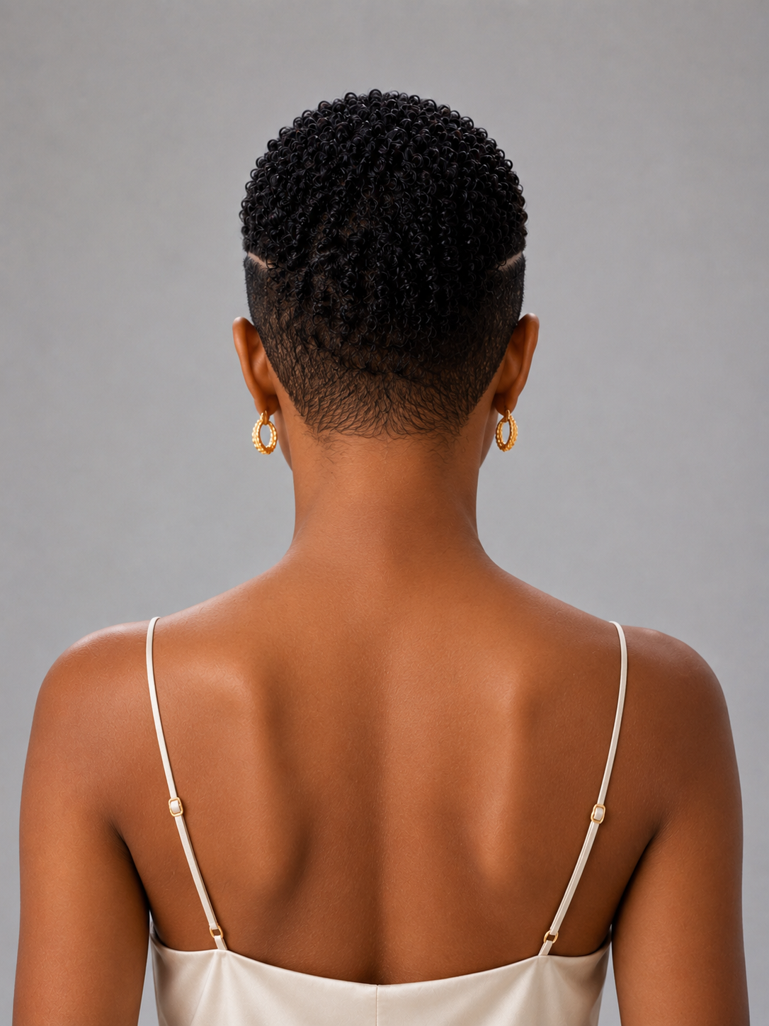 Back view of a person with short curly black hair wearing gold hoop earrings and a cream spaghetti-strap top against a plain gray background.