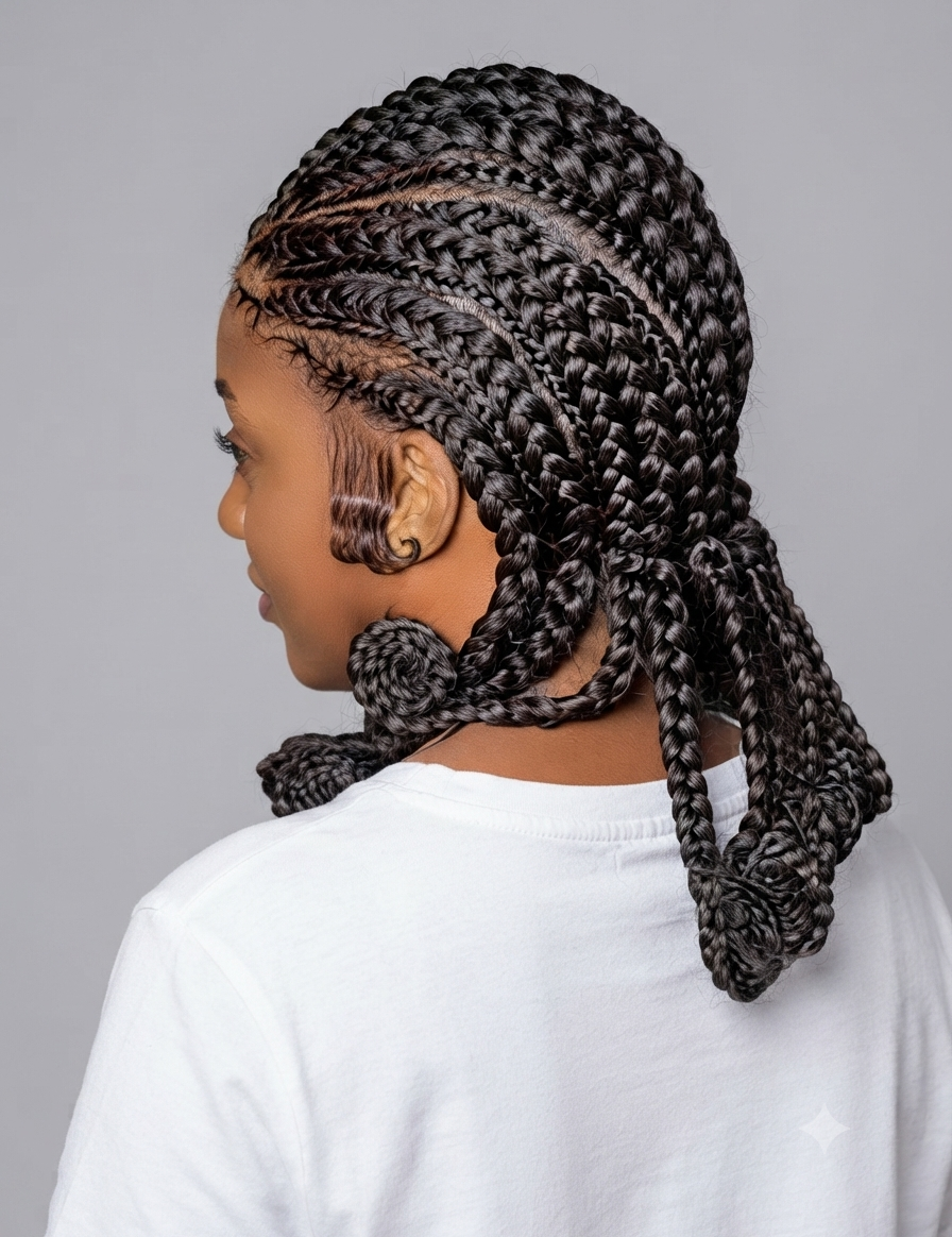A side profile view of a person with intricate black and dark brown box braids, wearing a white t-shirt against a solid gray studio background.