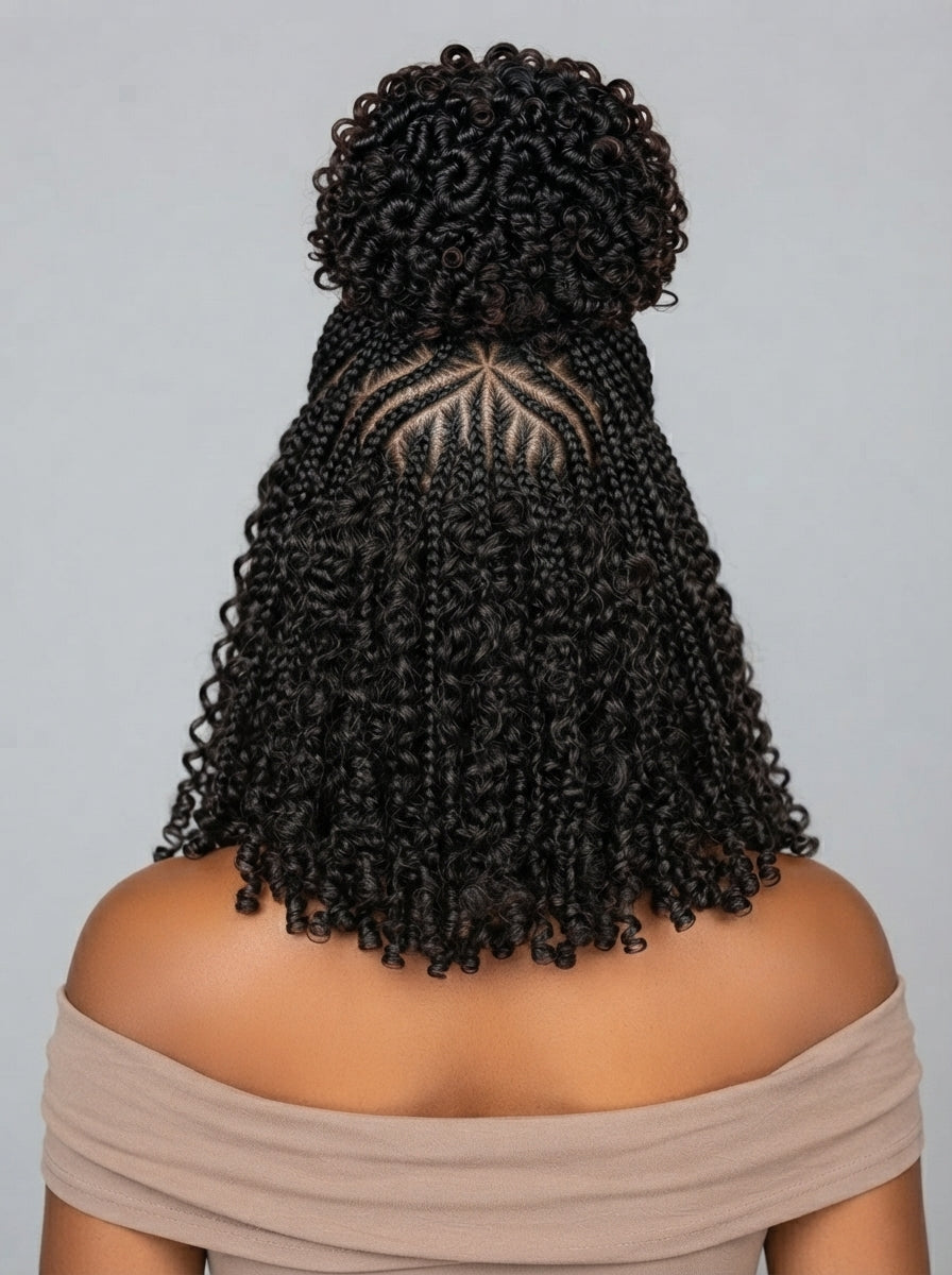 Loyalrose Braided wig full lace black color Pre-styled without glue with Ponytail and Cornrows and Loose Curls