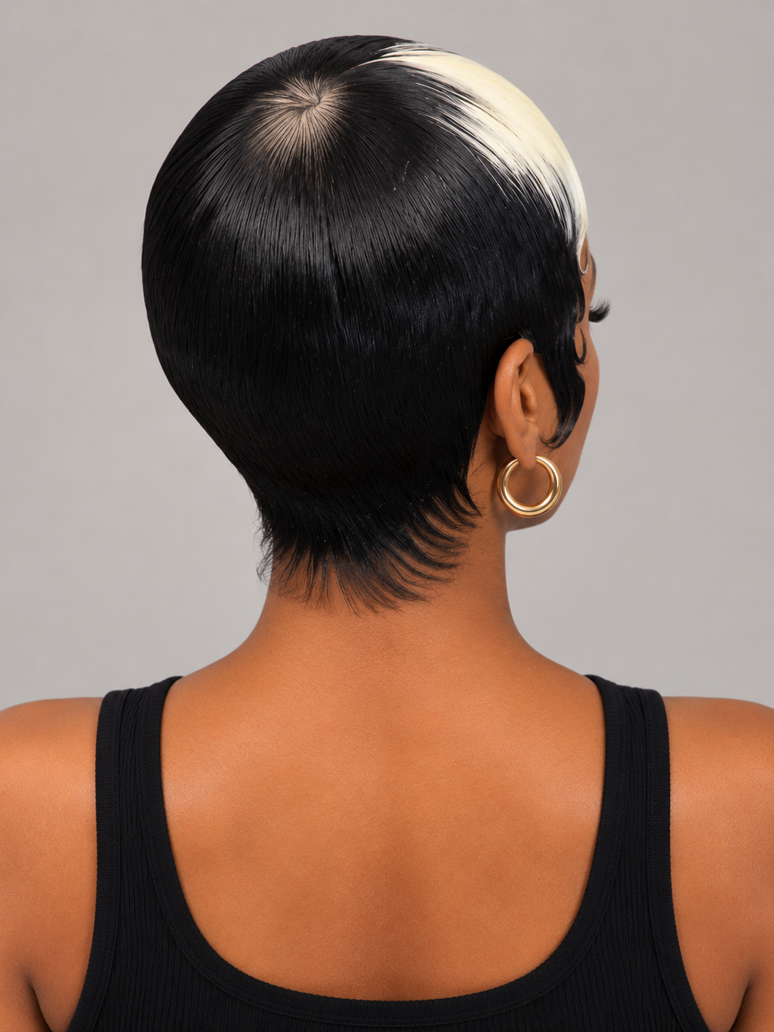 Loyalrose Short Finger wave Pixie Wig Black mix blond color 100% human hair Machine Made Skunk Stripe  Sleek Pixie Cut