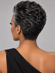 Loyalrose Salt & Pepper Pixie Short Cut Wig free part Lace closure 7*5 100% Human Hair Glueless Slicked Back style