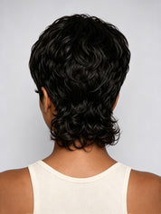 Short, layered wavy wig shown from the back on a model wearing a cream ribbed tank top, against a light gray background.