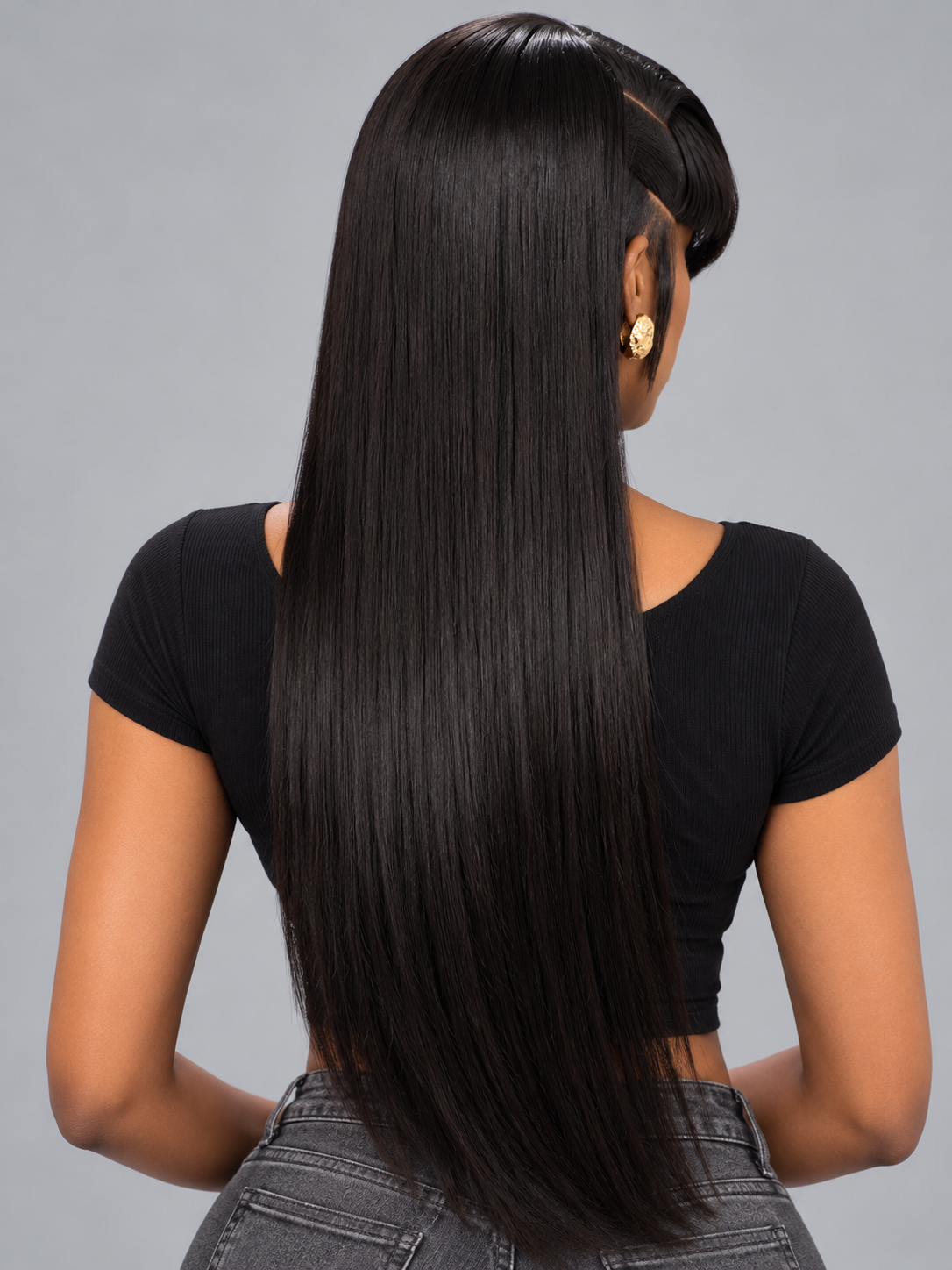 Loyalrose Pre-styled wig Straight Side part frontal lace 13*6 Black color With Asymmetrical Bangs & Shaved Line Design and without glue 20-30 inches