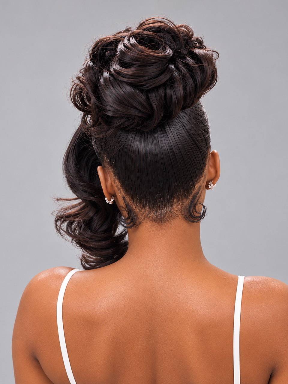 Loyalrose Pre-styled wig Body wave frontal lace 360 Side part Black color without glue with Fringe and bun 20 inches