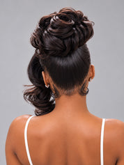 Loyalrose Pre-styled wig Body wave frontal lace 360 Side part Black color without glue with Fringe and bun 20 inches