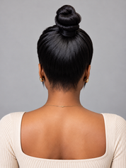 Loyalrose Pre-styled wig Straight lace 360 Black color without glue with Fringe and bun 16 inches