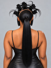 Loyalrose Pre-styled wig Straight Center part Full lace Black color without glue with Sleek low ponytail and Braided buns