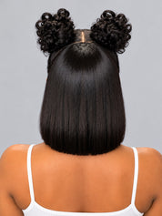 Loyalrose Pre-styled wig straight frontal lace 13*6 Side part Black color without glue with Fringe and 2 bun 12 inches