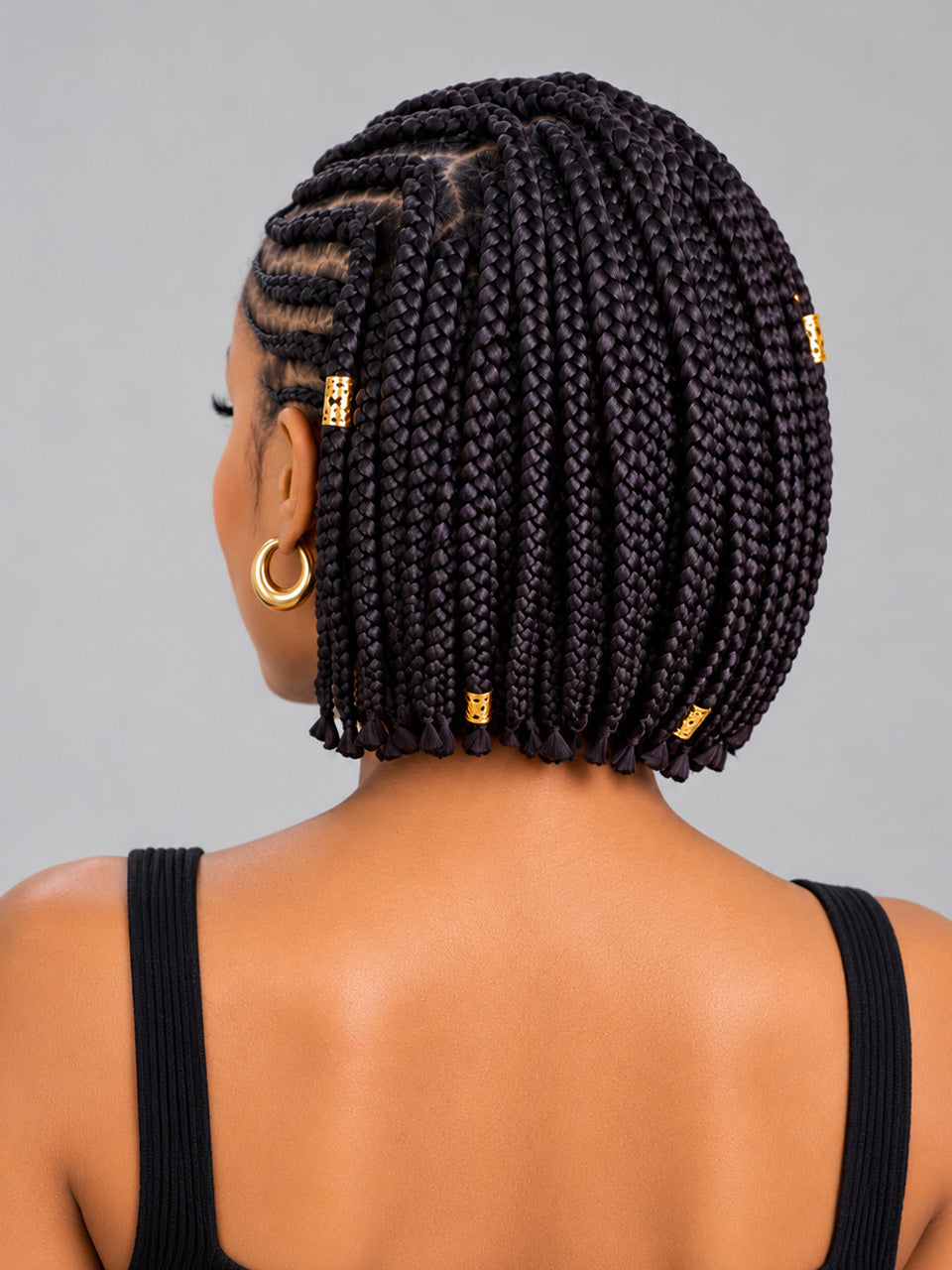 Loyalrose Braided wig 13*6 frontal lace black color Pre-styled without glue Knotless Box Braids Bob with Curved Parting and Gold Beads