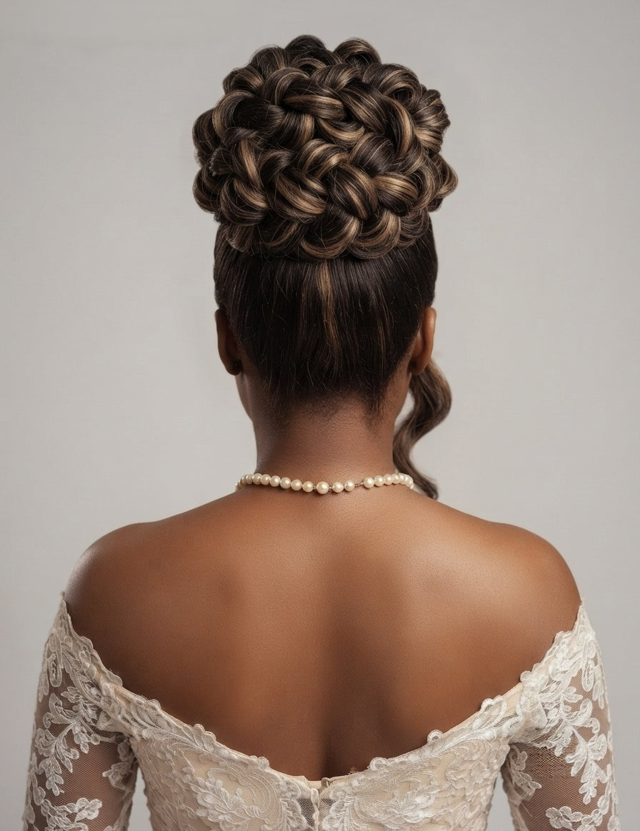 Back view of a woman with an intricate braided updo hairstyle, wearing a pearl necklace and an off-the-shoulder lace wedding dress against a neutral gray background.