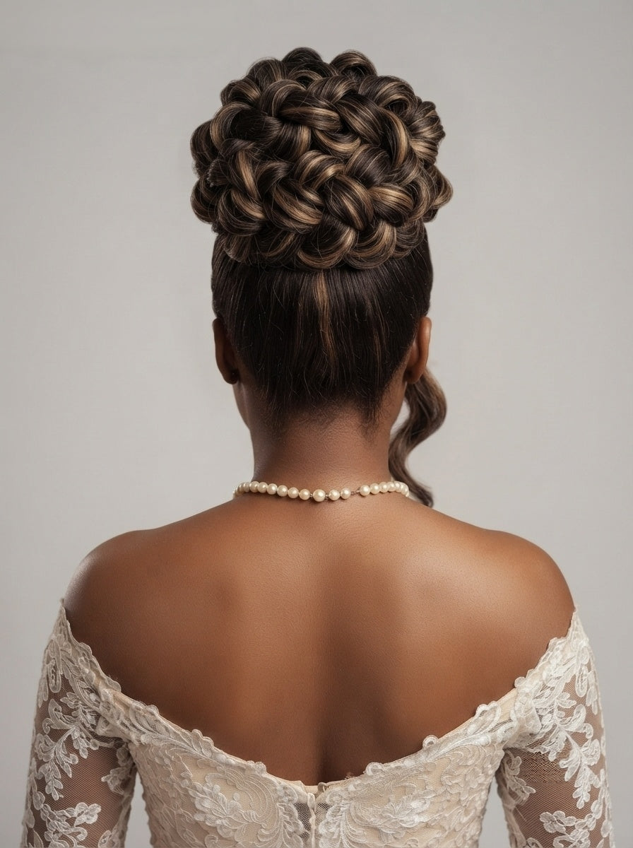Back view of a woman with an intricate braided updo hairstyle, wearing a pearl necklace and an off-the-shoulder lace wedding dress against a neutral gray background.