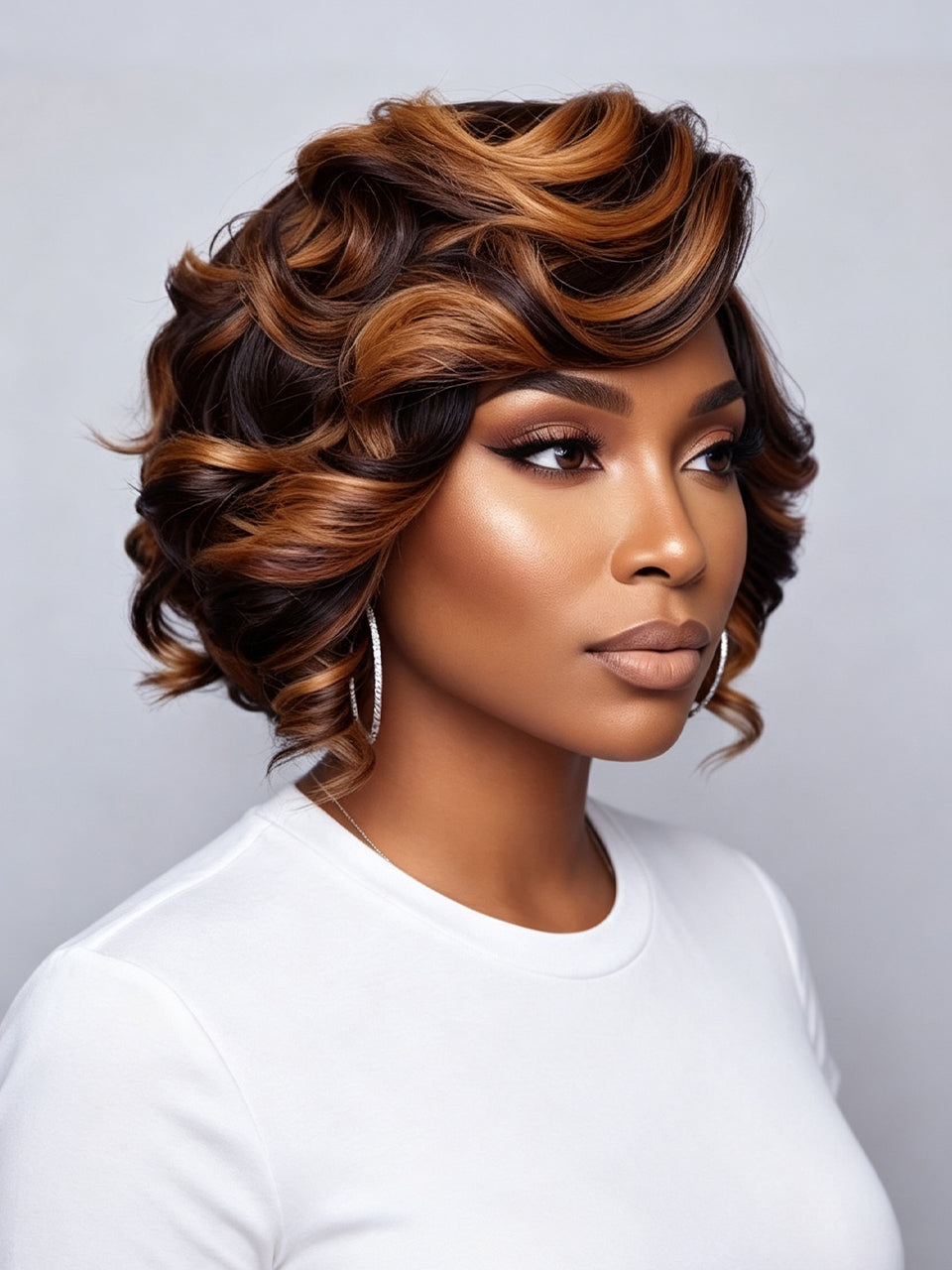 A woman wearing a short, layered wig with dark brown and warm caramel-blonde highlights, styled in soft curls, against a light gray studio background.