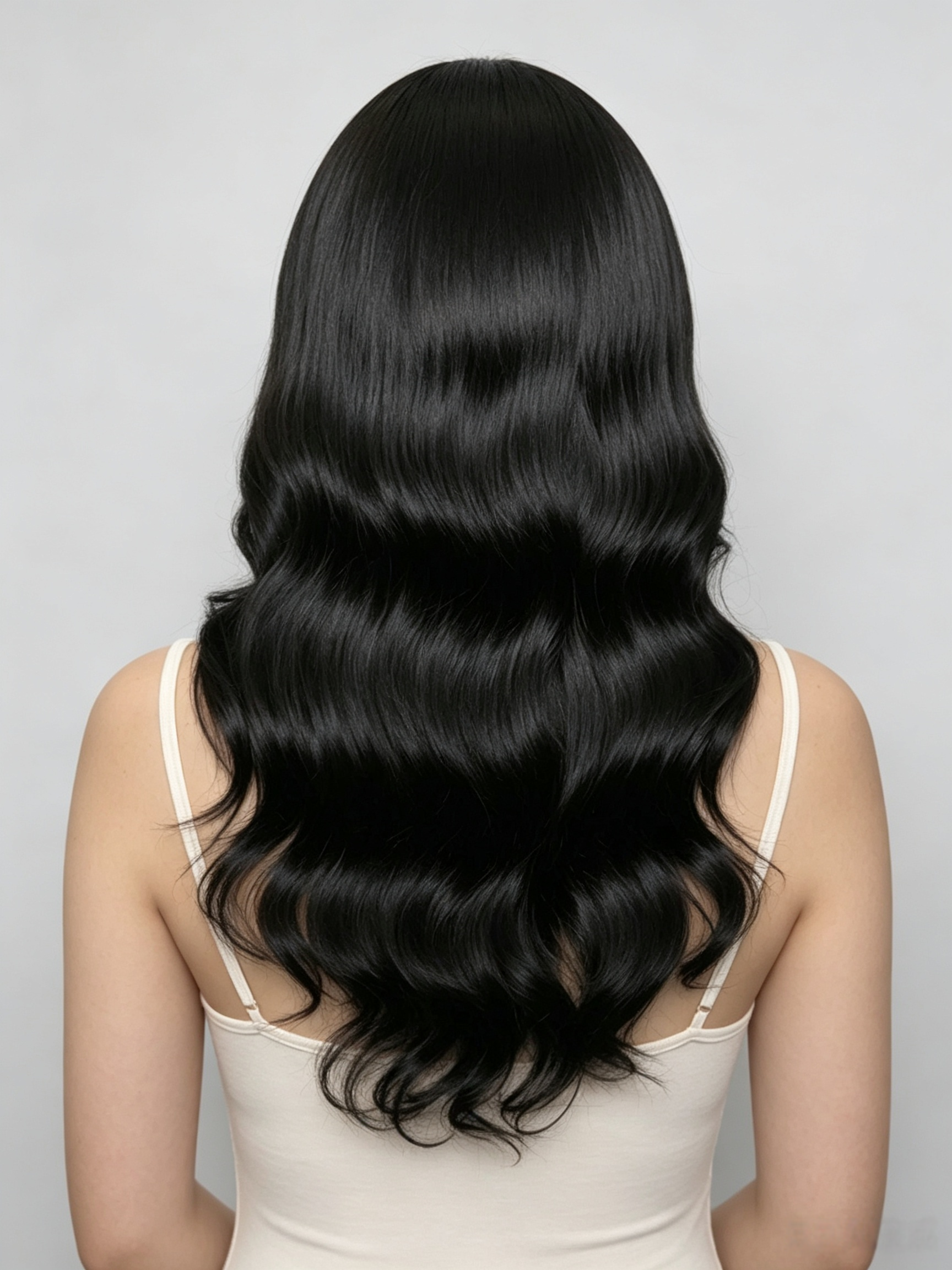 Long, straight black hair with soft waves, shown from the back on a model wearing a cream-colored spaghetti strap top against a light gray background.