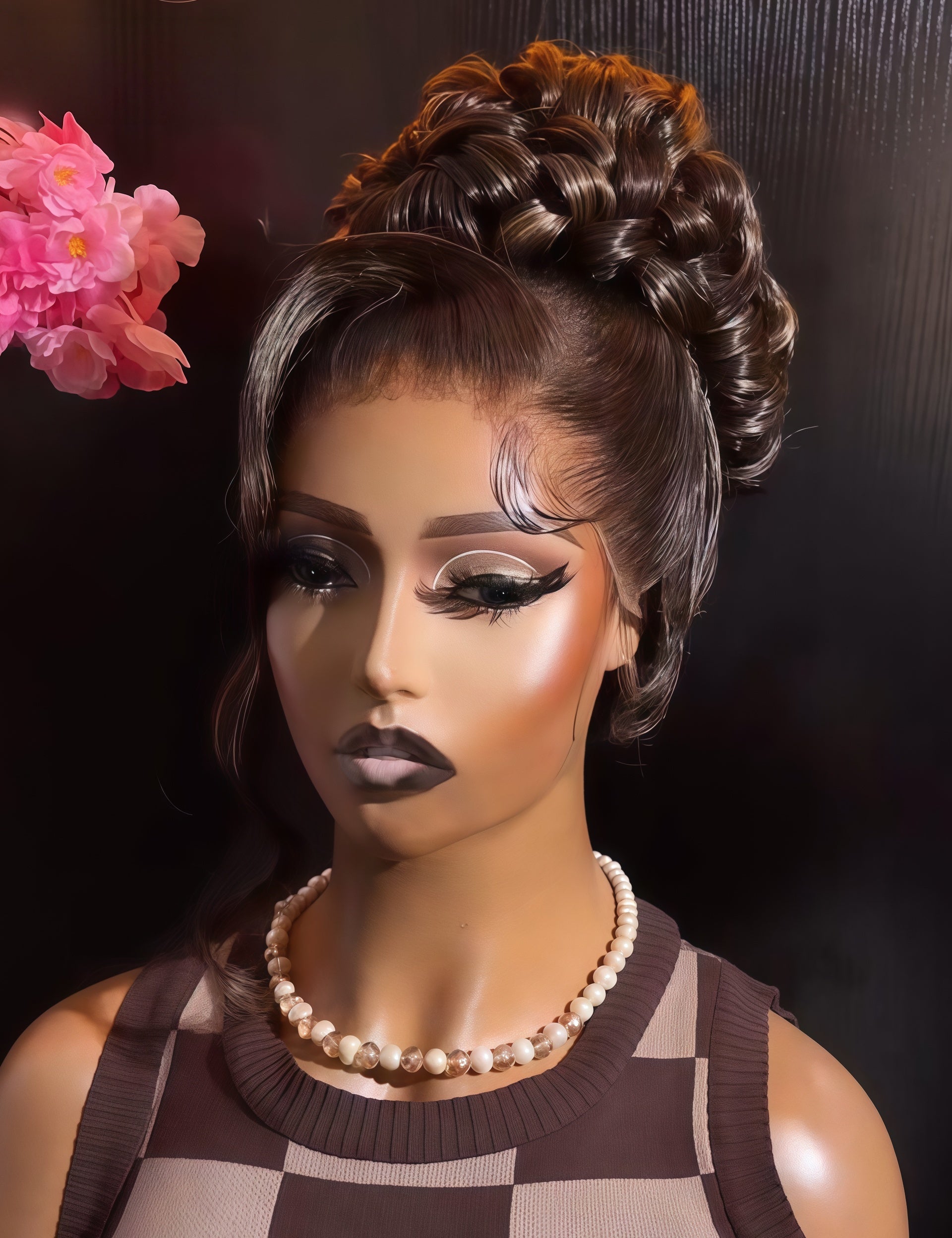 A mannequin bust wearing a brown and beige checkered sleeveless top, a pearl necklace, and a styled updo wig against a dark background with a pink flower at the upper left.