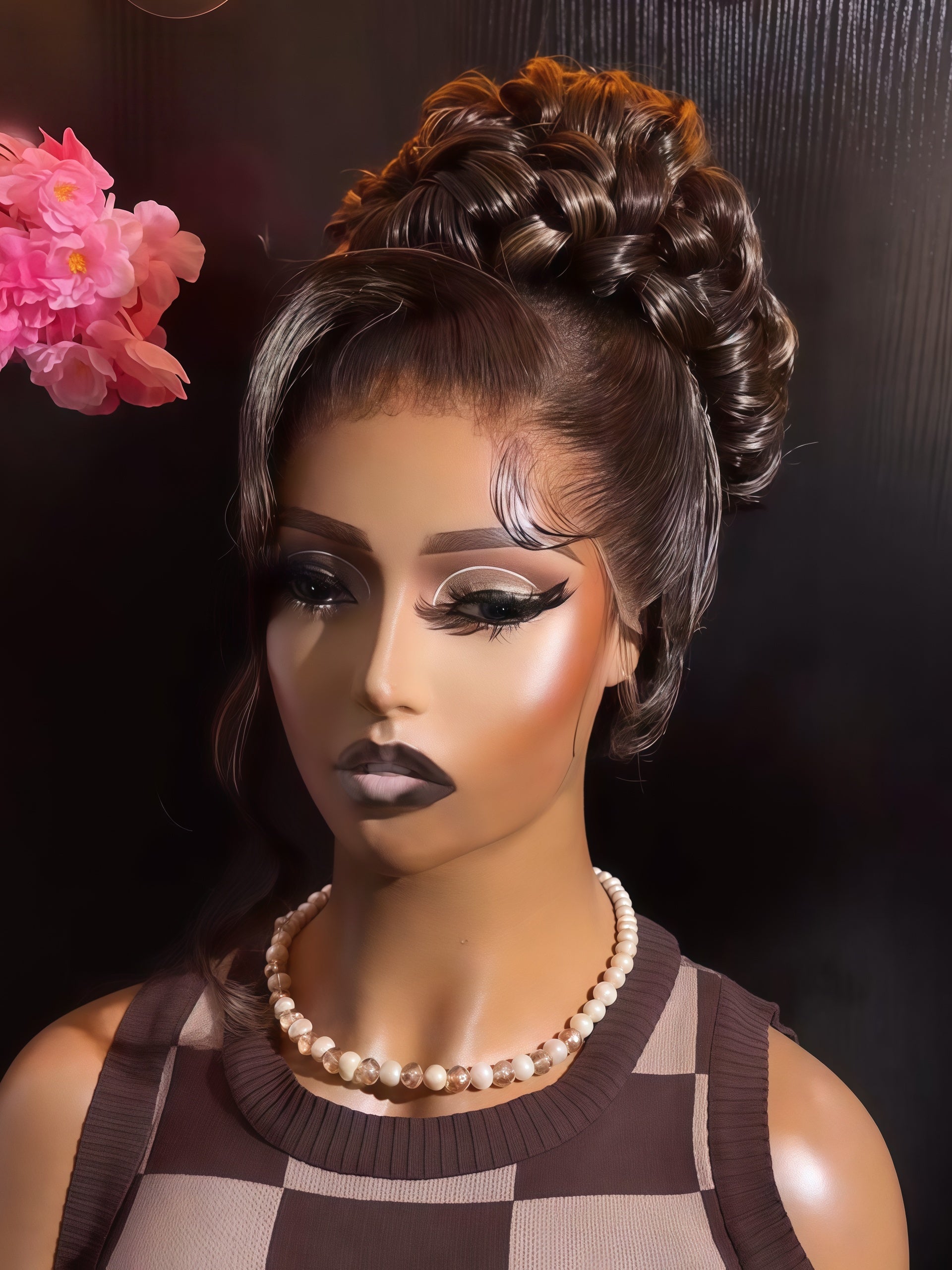 A mannequin bust wearing a brown and beige checkered sleeveless top, a pearl necklace, and a styled updo wig against a dark background with a pink flower at the upper left.