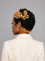 Loyalrose Pixie Loose Curly wig Black mix blond color Skunk style glueless Side part Closure 5x5 lace 100% Human Hair