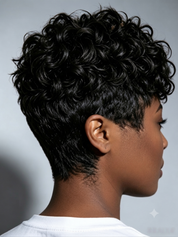 Side profile of a person with a short, curly black wig or hairpiece against a light gray background.