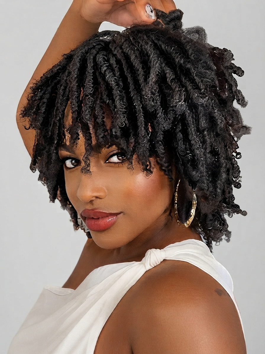 A close-up portrait of a woman with short, curly black hair wearing a white draped top and large hoop earrings, photographed against a light gray studio background.