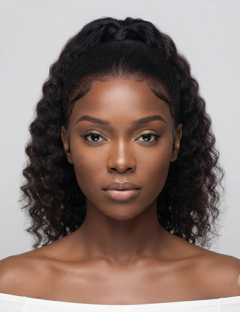 A close-up portrait of a model with a dark brown to black curly wig styled in a half-updo, wearing a white off-the-shoulder top against a light gray background.