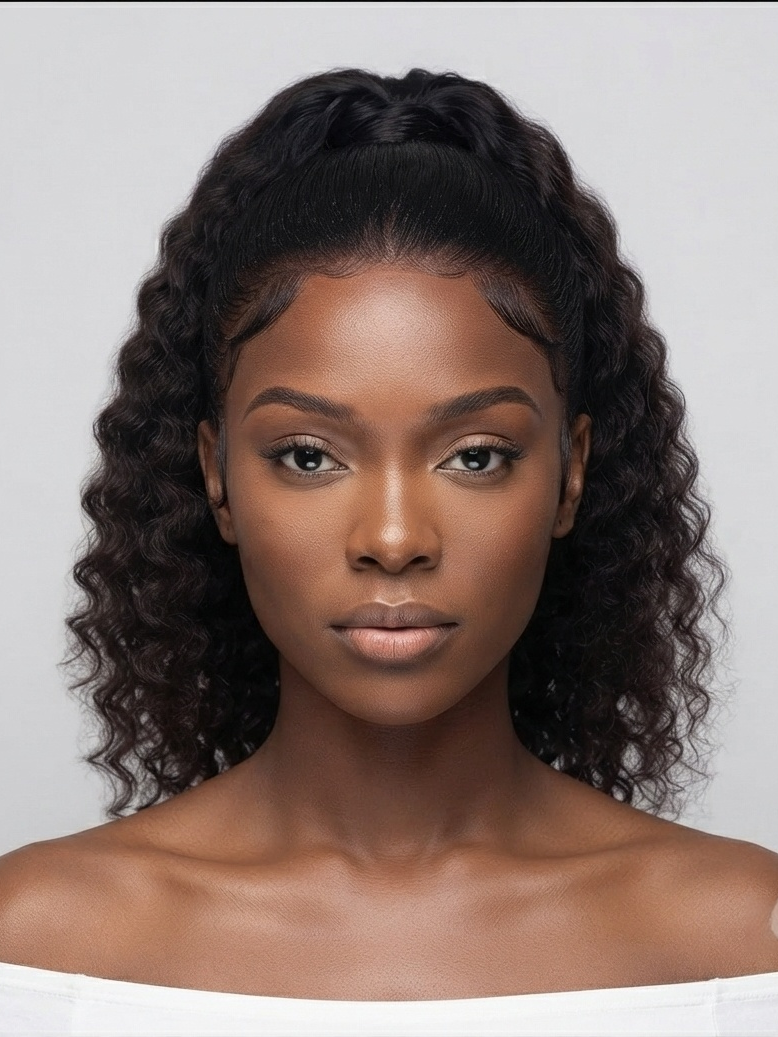 A close-up portrait of a model with a dark brown to black curly wig styled in a half-updo, wearing a white off-the-shoulder top against a light gray background.
