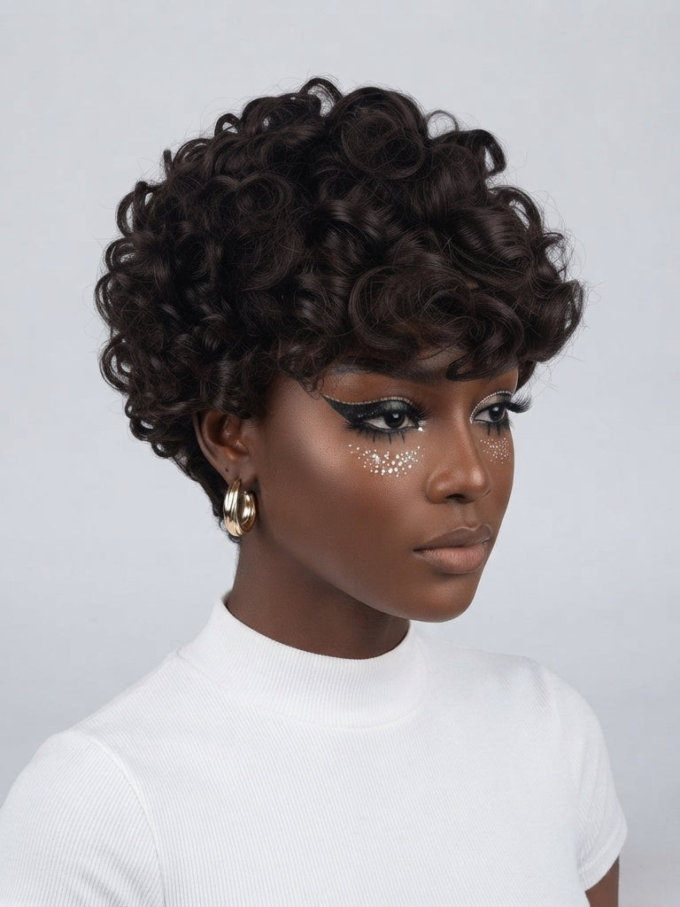 A woman wearing a short, dark brown curly wig with a lace front, styled with dramatic winged eyeliner and glittery eye makeup, wearing a white ribbed t-shirt against a light gray background.