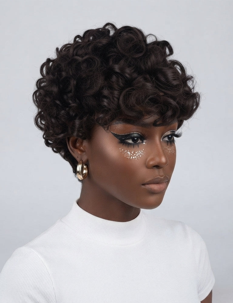 A woman wearing a short, dark brown curly wig with a lace front, styled with dramatic winged eyeliner and glittery eye makeup, wearing a white ribbed t-shirt against a light gray background.