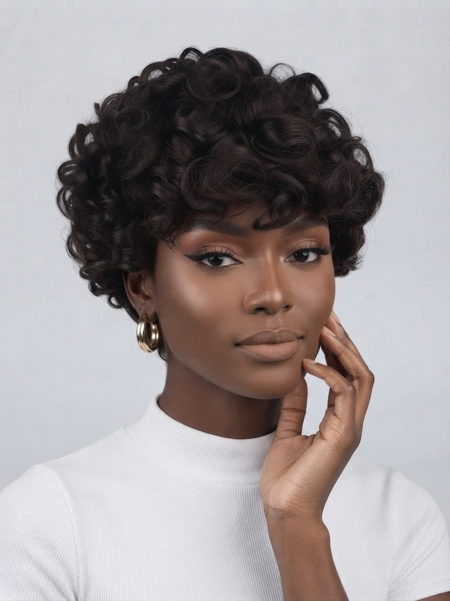 A woman with a short, dark brown curly wig wearing a white ribbed mock neck top and gold hoop earrings, posing against a light gray studio background.