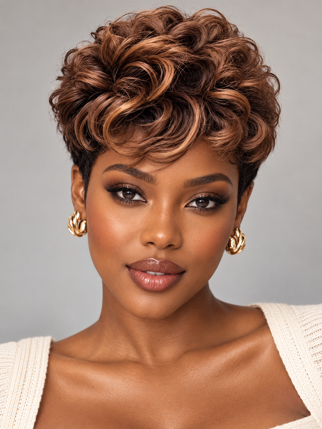 Loyalrose Pixie wig Deep Curly 8 inches Black mix brown 100% human hair with bang Glueless machine made