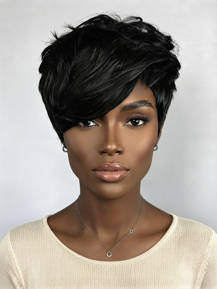 A woman with a short, layered, textured black wig or hairpiece shown from the chest up against a light gray studio background.