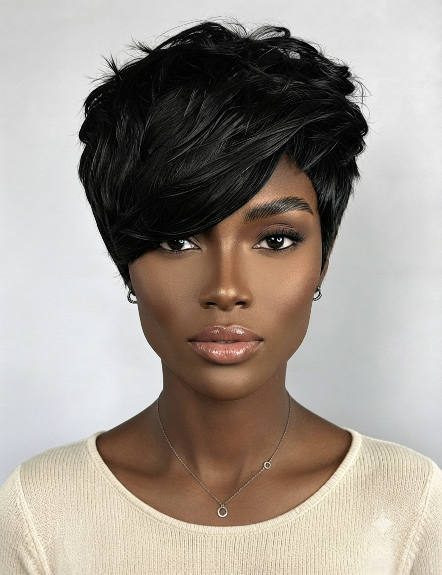 A woman with a short, layered, textured black wig or hairpiece shown from the chest up against a light gray studio background.