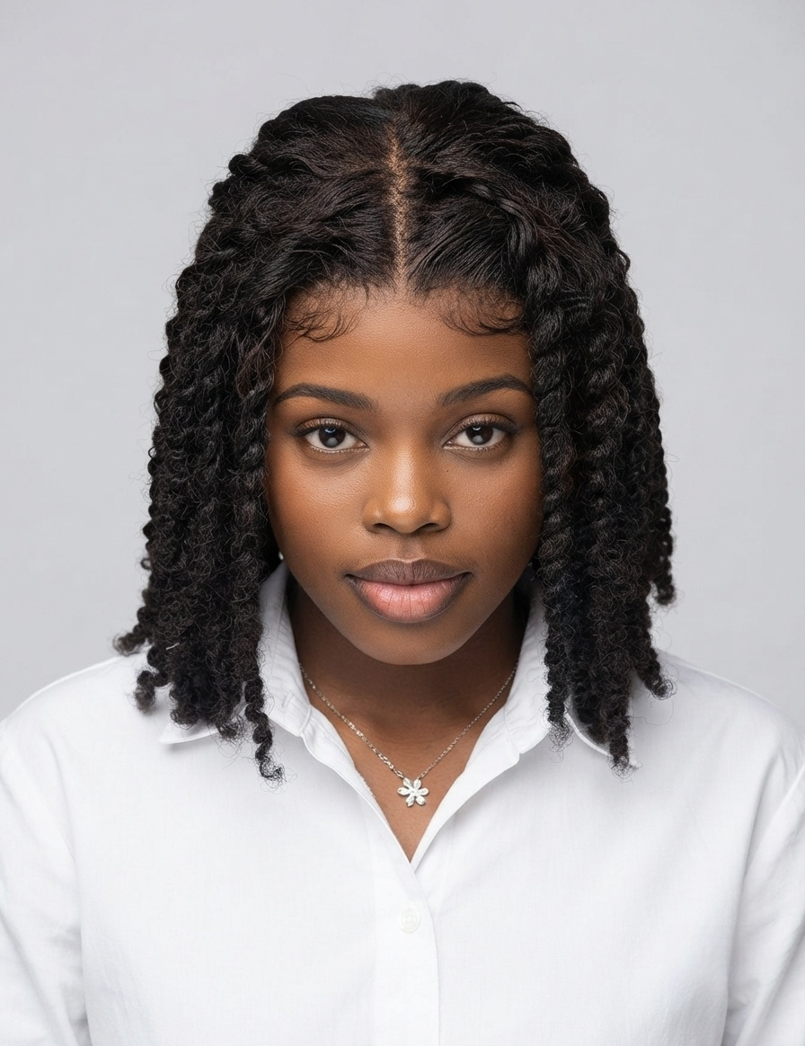 A woman with dark curly hair extensions wearing a white collared shirt and a silver flower pendant necklace, photographed against a solid light gray background.