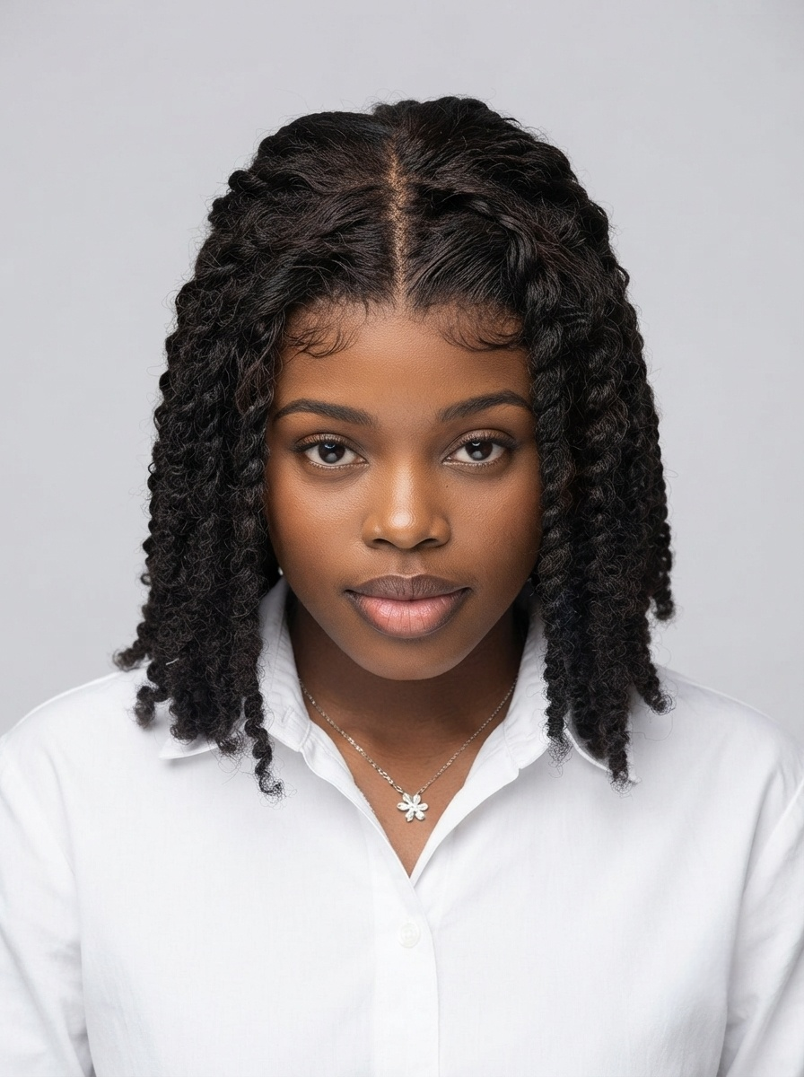 A woman with dark curly hair extensions wearing a white collared shirt and a silver flower pendant necklace, photographed against a solid light gray background.