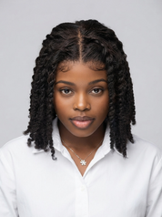 A woman with dark curly hair extensions wearing a white collared shirt and a silver flower pendant necklace, photographed against a solid light gray background.