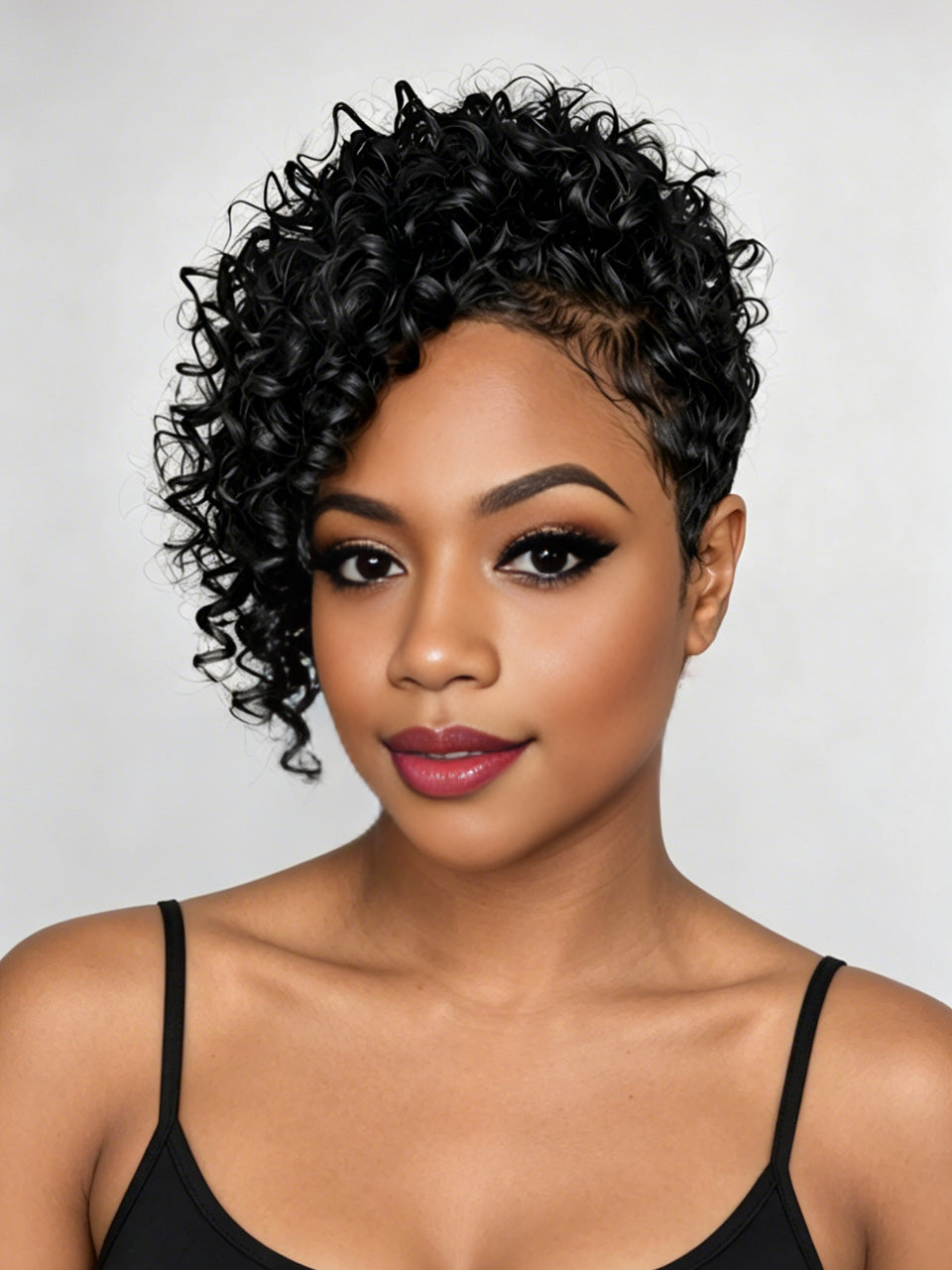 A close-up portrait of a woman with short, curly black hair, wearing a black spaghetti-strap top against a light gray studio background.