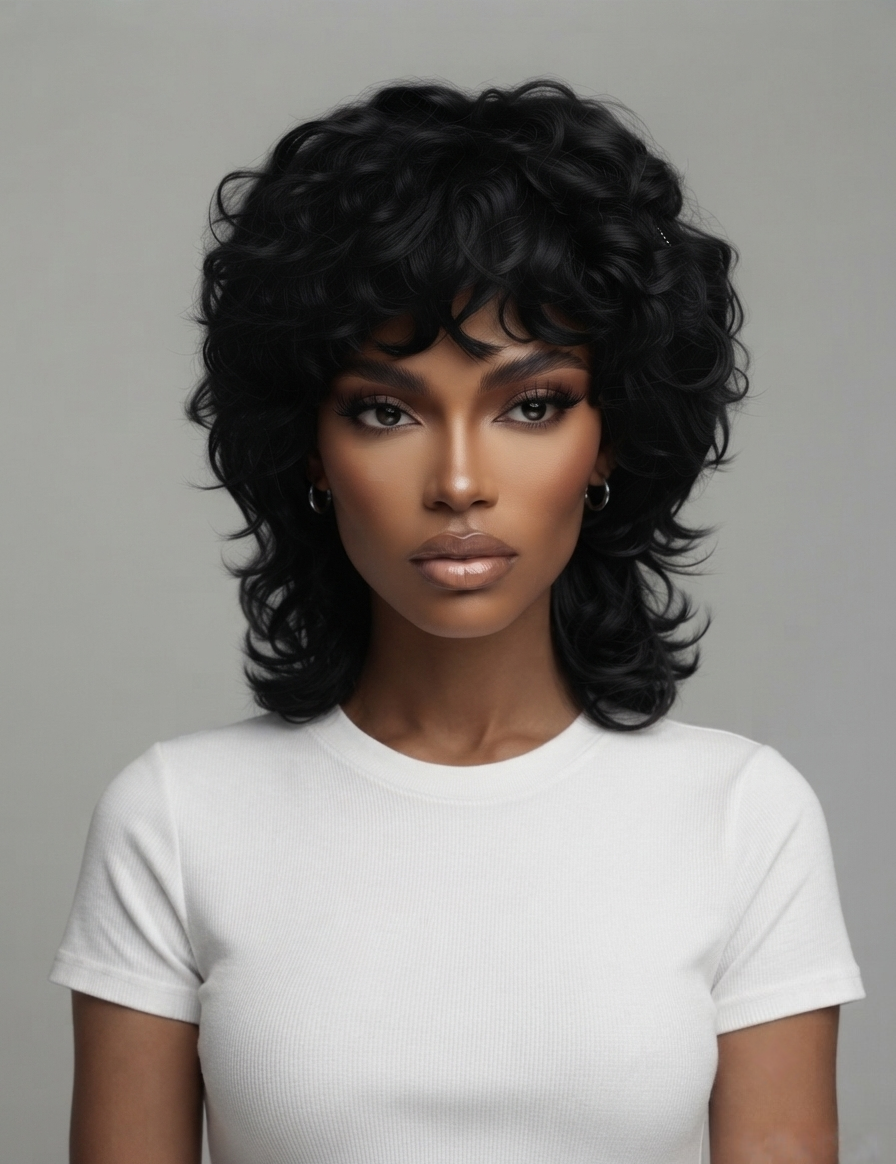 A woman with a short, voluminous black curly wig wearing a plain white t-shirt, photographed against a neutral gray background.