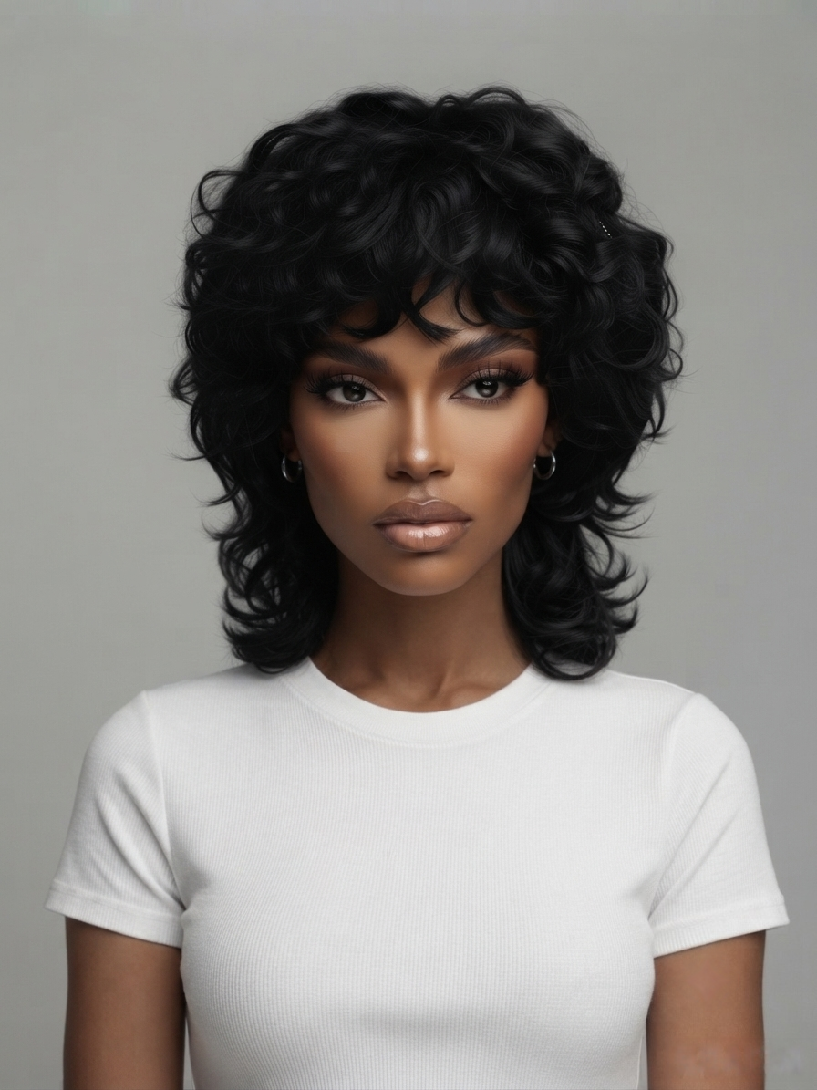 A woman with a short, voluminous black curly wig wearing a plain white t-shirt, photographed against a neutral gray background.