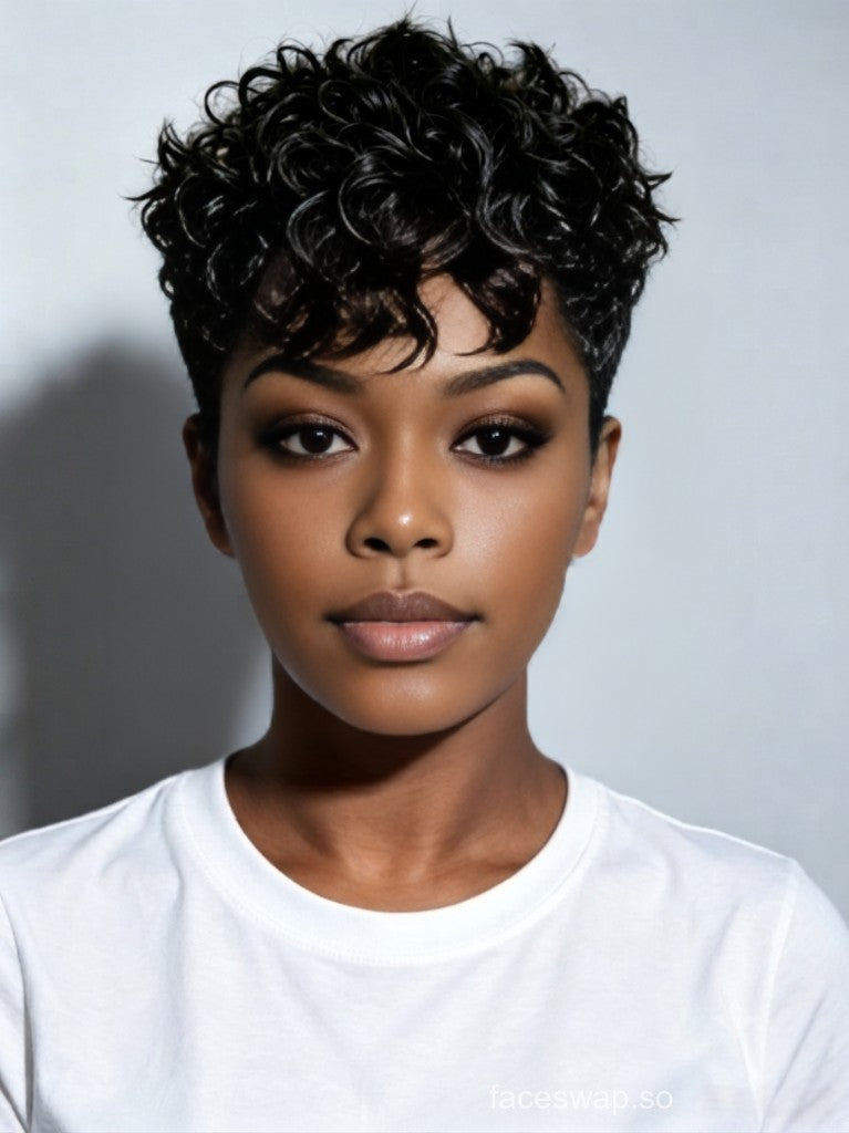 A close-up portrait of a person with a short, curly black wig or hairpiece against a light gray background, wearing a plain white crew-neck T-shirt.