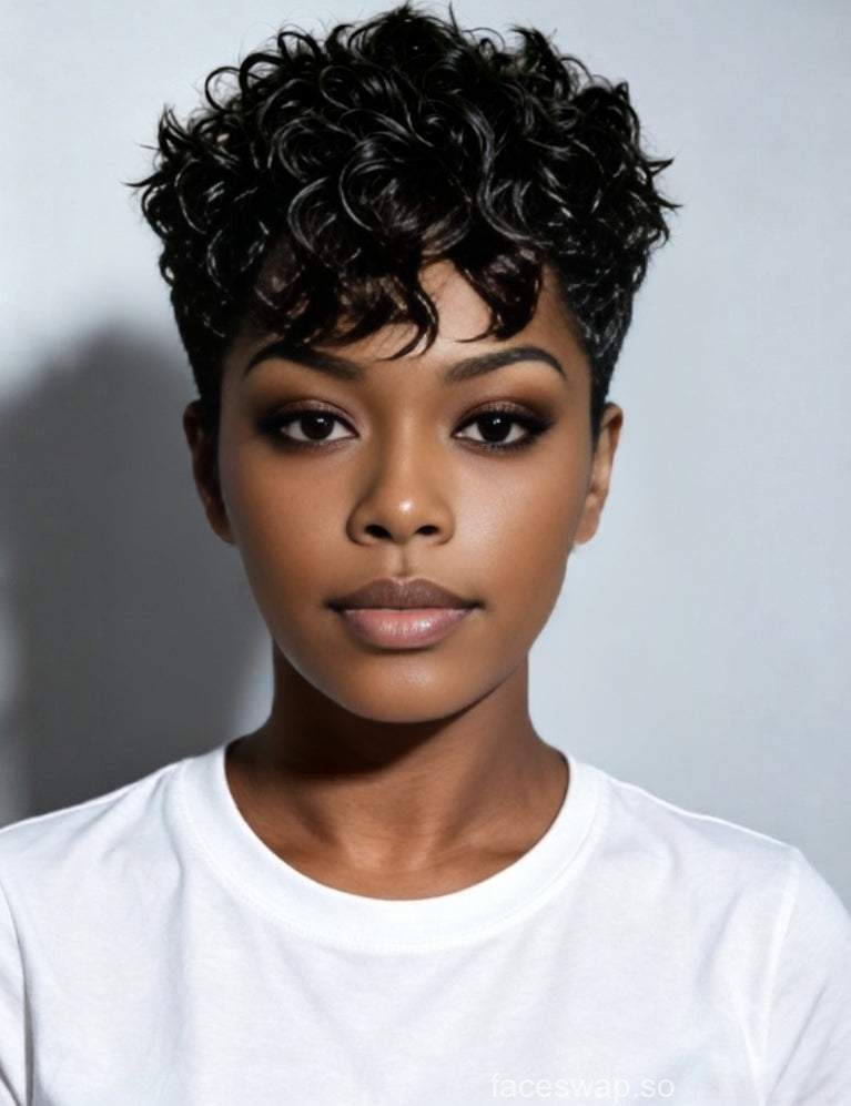 A close-up portrait of a person with a short, curly black wig or hairpiece against a light gray background, wearing a plain white crew-neck T-shirt.