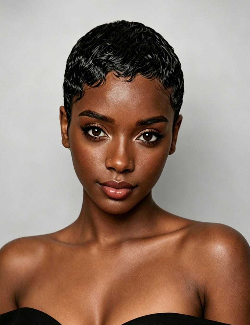 A close-up portrait of a woman with short, textured black hair, wearing a black strapless top against a light gray studio background.